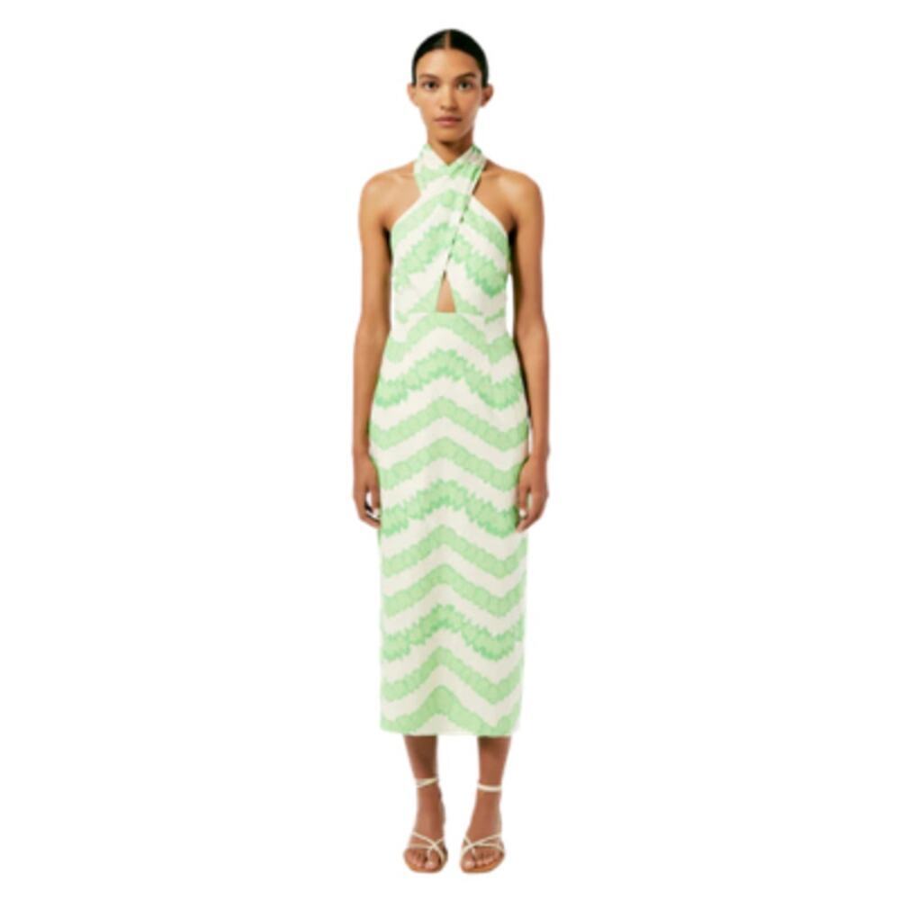 Rhode Paolo Dress Halter Midi Watercolor Zig Zag Green White Size 0 NEW